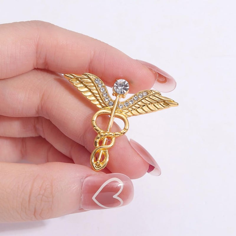 QIAN0813 Medical Symbol Caduceus Stethoscope RN Nursing Badge Brooches Lapel Pin for Registered Nurse Doctor Rod Of Asclepius Emergency Brooch Jewelry (Angel Wing-Gold) - Image 2
